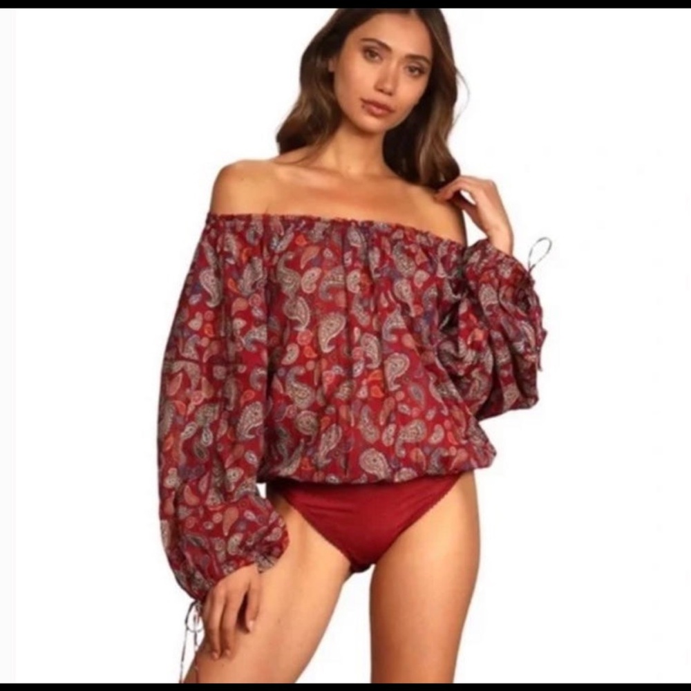 Free People Red Paisley Off-Shoulder Bodysuit